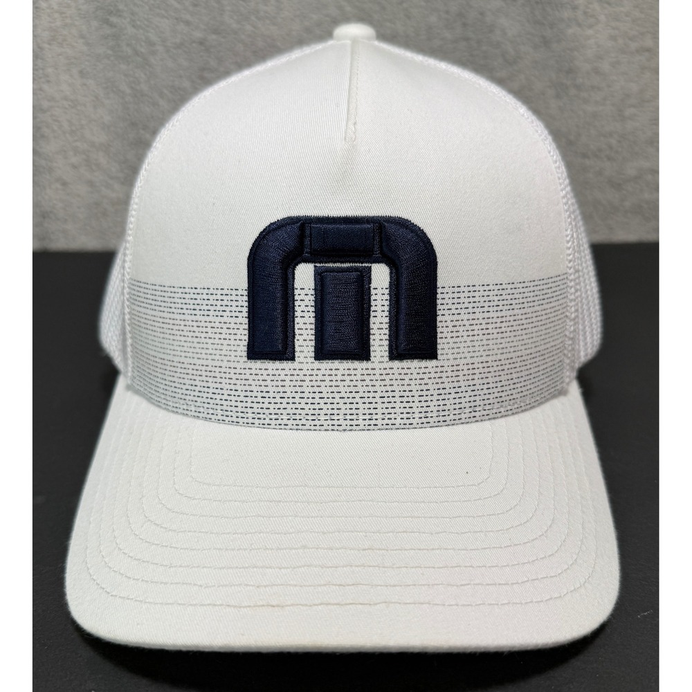 TravisMathew Trucker Hat Mens S-M White Mesh Flexfit Embroidered Logo Cap
